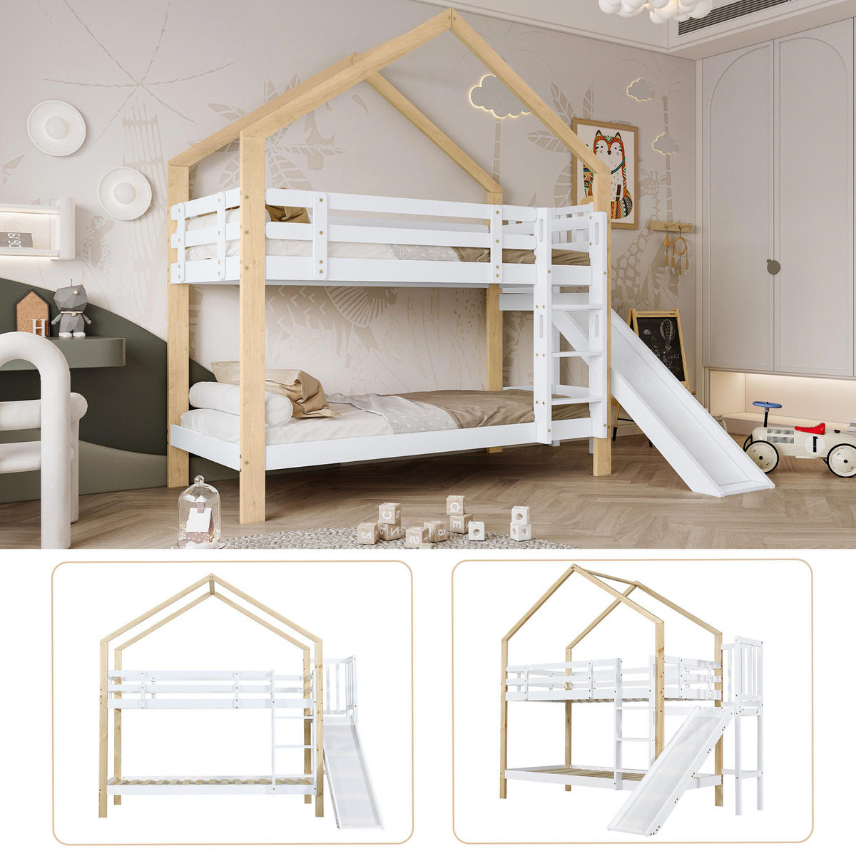 ETAGENBETT 90/200 cm mit Rutsche, Hausdach, Absturzsicherung und 3-stufiger Leiter aus Massivholz und MDF, Weiß/Natur - Weiß, Holzwerkstoff (90/200cm) - Redom