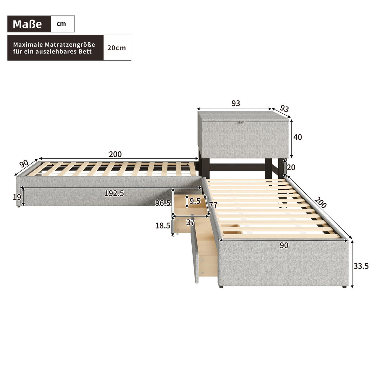 ECKBETT 90/200 cm mit Ausziehbett, Stauraumschrank, 2 Schubladen und Leinenbezug, Grau - Grau, Textil (90/200cm) - Redom