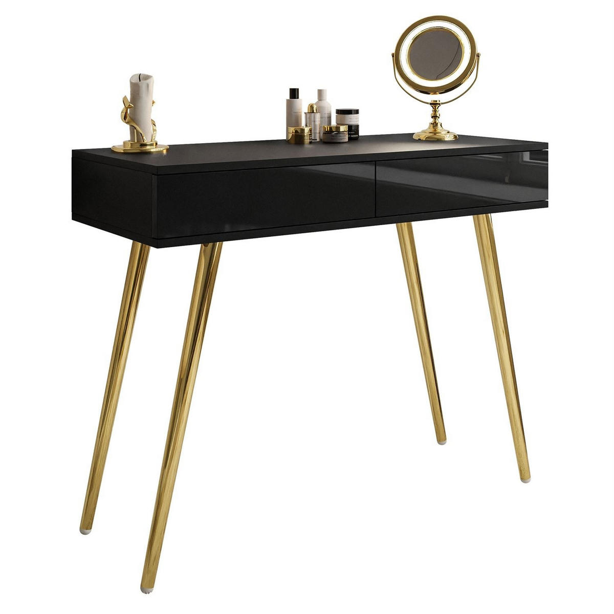 KONSOLE SIENNA GOLD mit Schubladen auf goldenen Beinen PUSH OPEN - Schwarz Hochglanz, Holzwerkstoff (100/81/42cm)