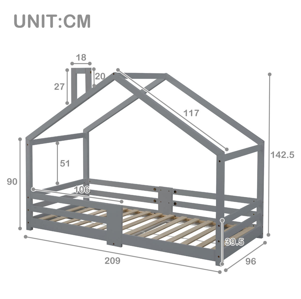 DĚTSKÁ postýlka 90/200 cm s domečkovým designem, ochranným zábradlím a 15 lamelami, Šedá - šedá, dřevo (90/90cm) - Redom