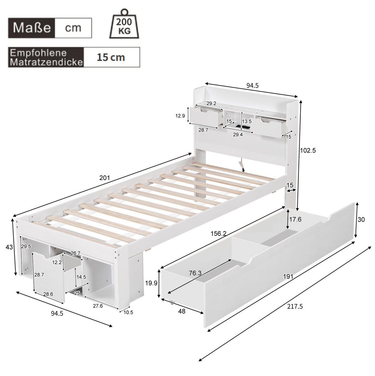 EINZELBETT 90/200 cm Weiß aus Kiefer mit USB-Anschluss und Stauraum - Weiß, Holz (90/200cm) - OKMYHOME