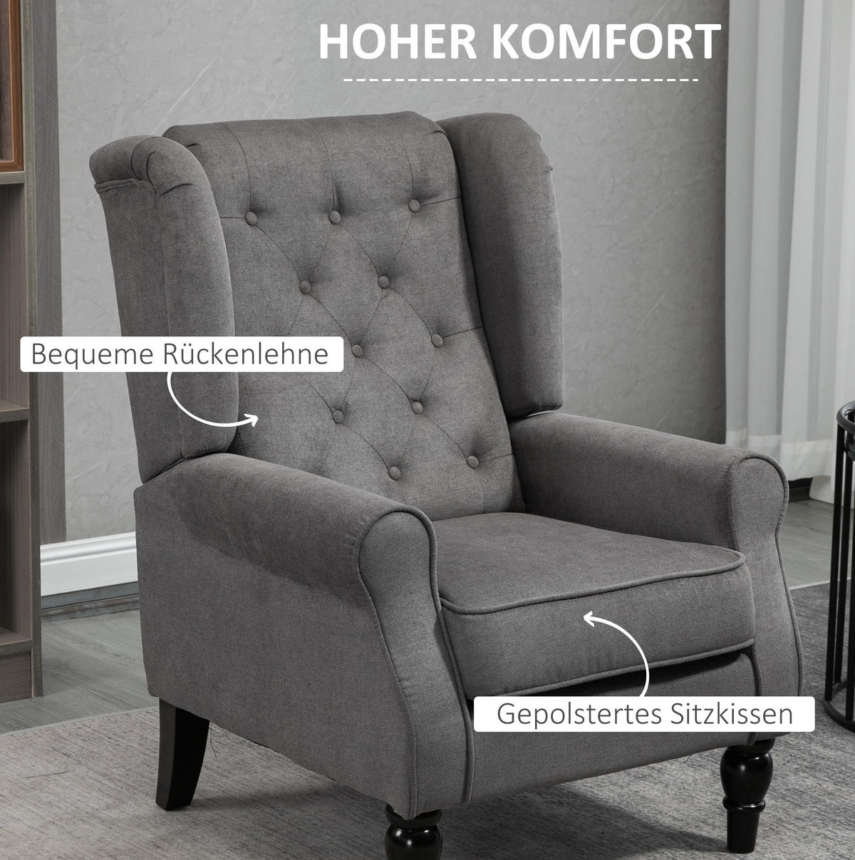 OHRENSESSEL 74/86/102 cm mit hoher Rückenlehne und Knopfheftung - Dunkelgrau, Textil (86/102/74cm) - BEAOK