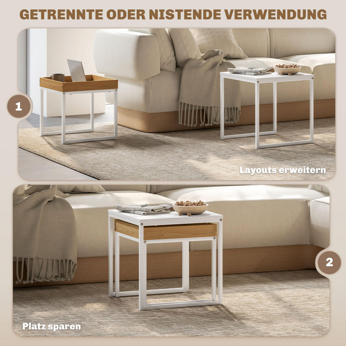 COUCHTISCH, 2er-Set, bis 30 kg Belastbar, Weiß+Eiche - Weiß, Metall (45/45/45cm) - HOMCOM