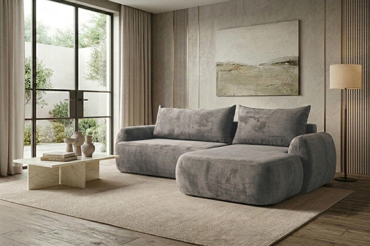 ECKSOFA Mit Schlaffunktion Und Bettkasten, Chenille-Stoff Perfecto, Grau, Rechts, HELA II - Grau, Holz (280/184cm) - Kaiser Möbel