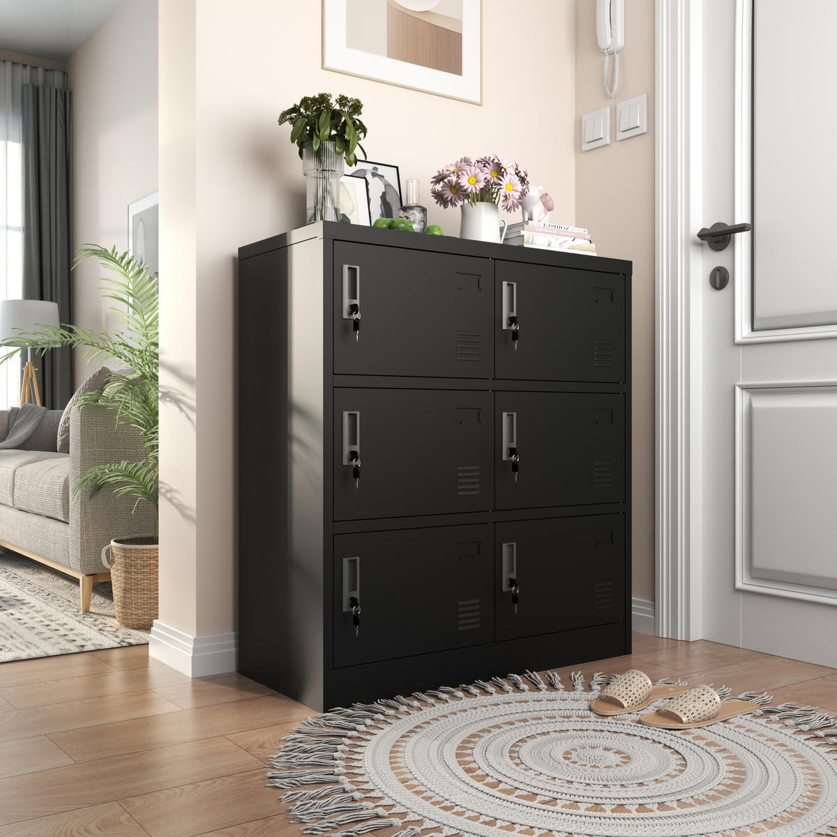 KOMMODE 90/40/100 cm aus Metall mit 6 abschließbaren Fächern Schwarz - Schwarz, Metall (40/100/90cm) - Modenvie