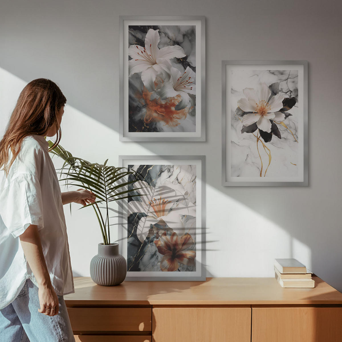 WANDBILDER 3er Set - 40x60 cm Silberner Rahmen - Blumen Marmor weiß schwarz - Silberfarben, Kunststoff (40/60cm) - ArtPrintCave