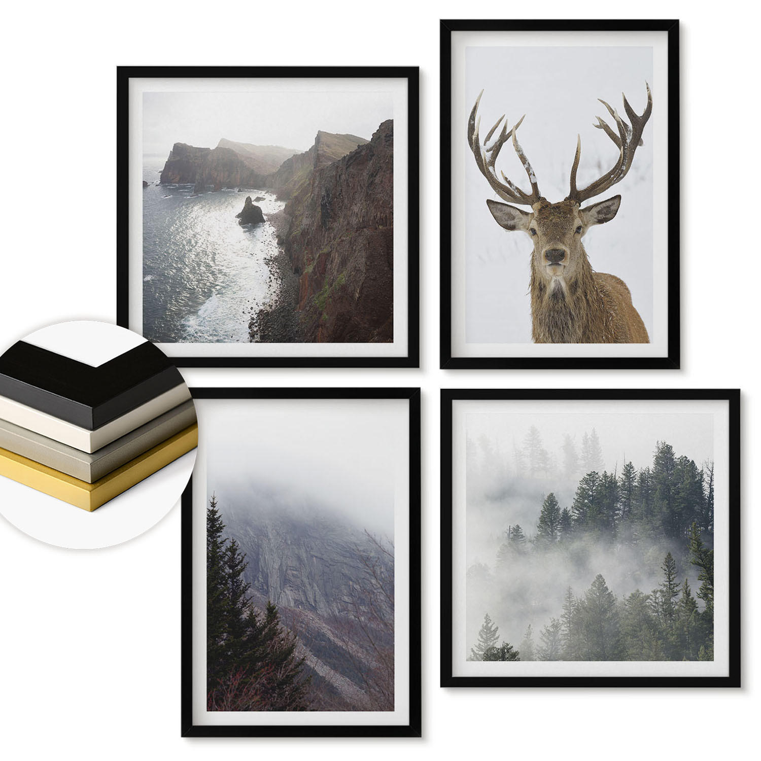WANDBILDER 4er-Set - 50x50 cm & 40x60 cm Schwarzer Rahmen - Berglandschaft Nebel Hirsch - Schwarz, Kunststoff (50/50cm) - ArtPrintCave