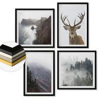 WANDBILDER 4er-Set - 50x50 cm & 40x60 cm Schwarzer Rahmen - Berglandschaft Nebel Hirsch - Schwarz, Kunststoff (50/50cm) - ArtPrintCave