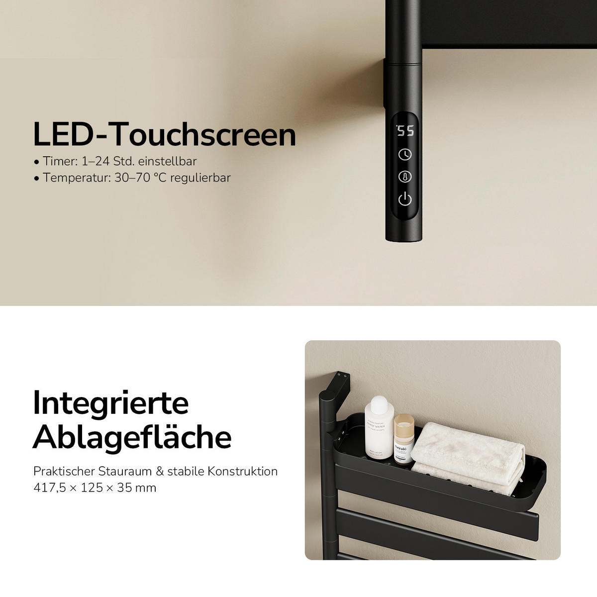 HEIZKÖRPER Handtuchheizkörper Intelligentes Heizsystem mit Ablage Schwarz 76/45 cm - Schwarz, Metall (45/76/14cm) - EMKE