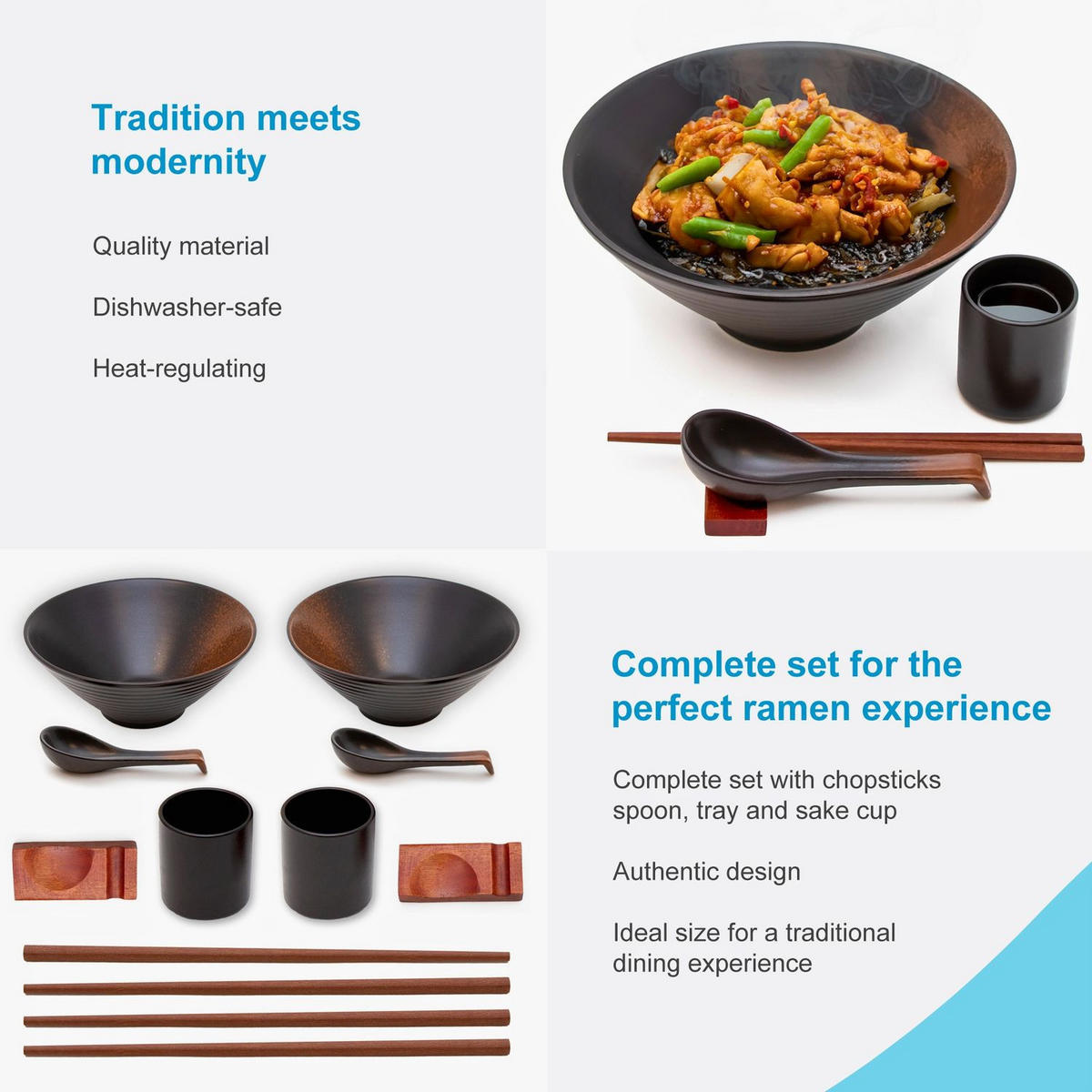 RAMEN SCHÜSSEL SET für 2 Personen aus Keramik - Schwarz, Keramik - Intirilife