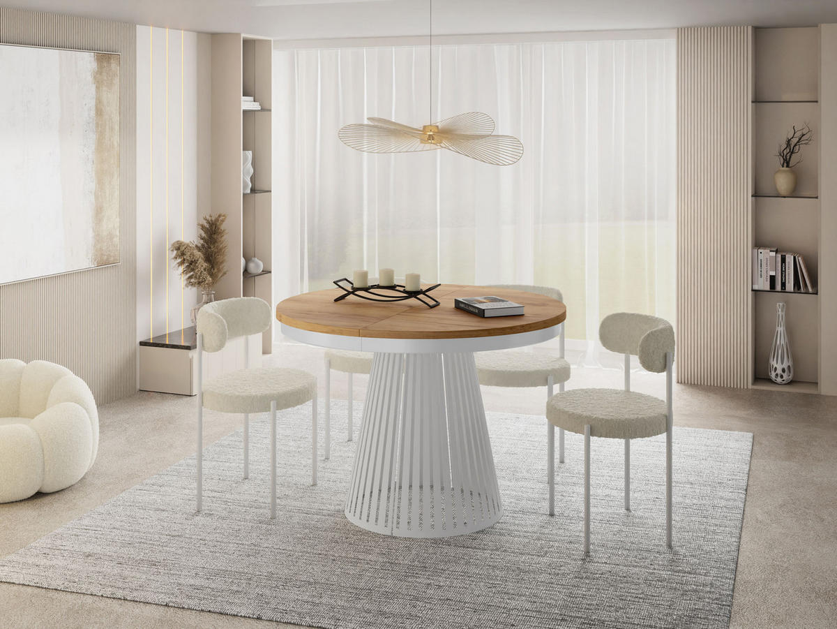 ESSTISCH Naro rund ausziehbar mit Weißem Lamellen-Metallgestell, Braun 100-180/100/76 cm - Eiche Wotan/Weiß, Holzwerkstoff/Metall (100/100/76cm) - WFL GROUP