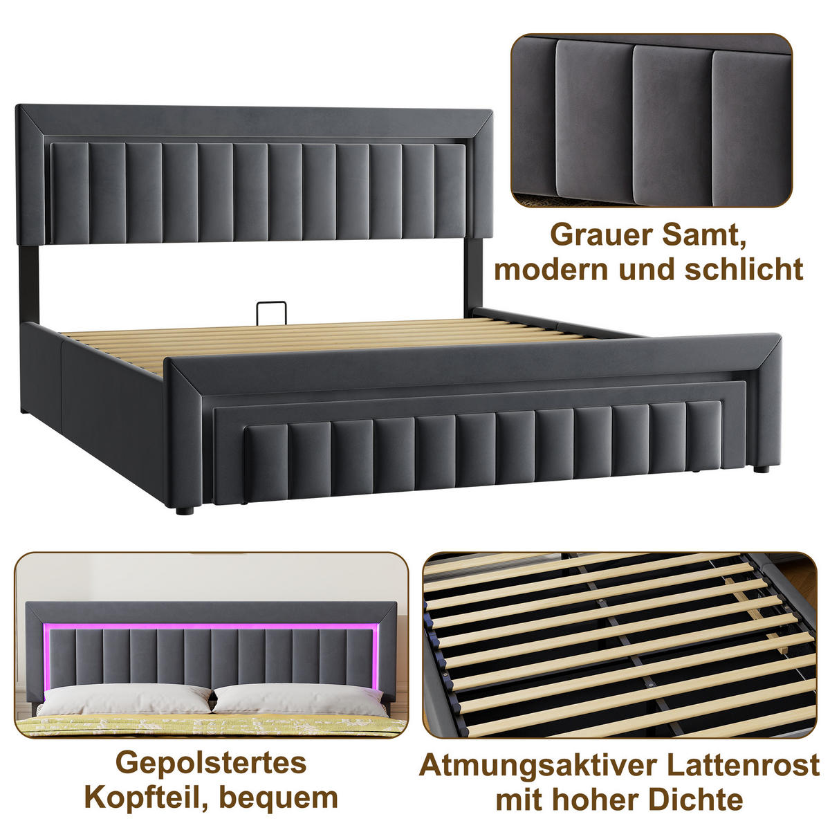 POLSTERBETT 180/200 mit Bettkasten und Schubladen , mit LED, ohne Matratze - Grau, Holzwerkstoff/Textil (180/200cm) - STILVORA