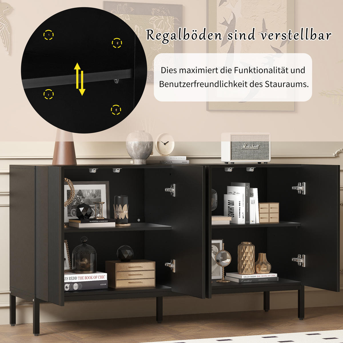 SIDEBOARD mit 4 grifflosen Türen und Linien-Design, Schwarz - Schwarz, Holzwerkstoff (145/80/41.5cm)