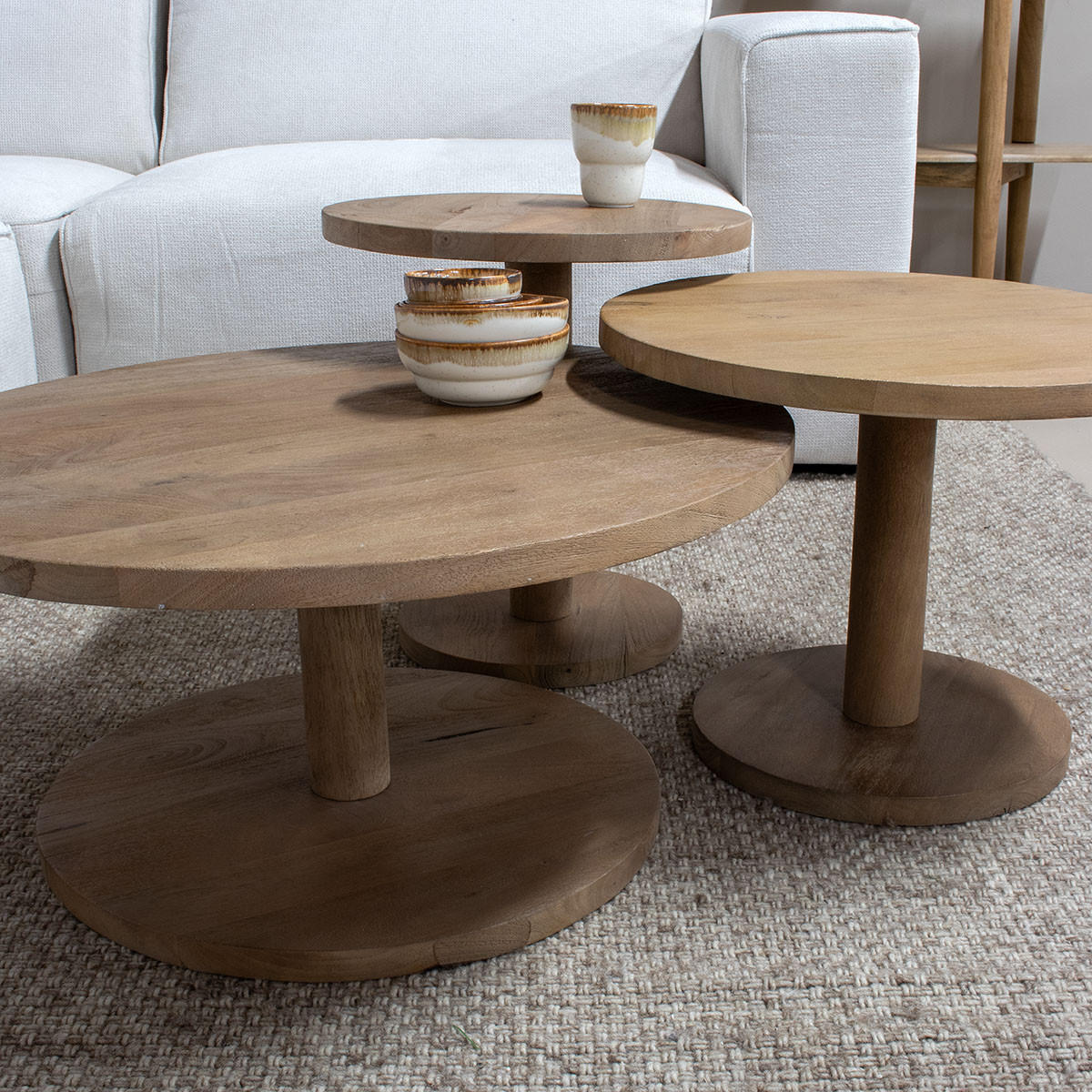 COUCHTISCH rund 3er Set aus Mangoholz Ø70/50/42cm, natürlich - Braun, Holz (70/70/38cm) - Giga Meubel
