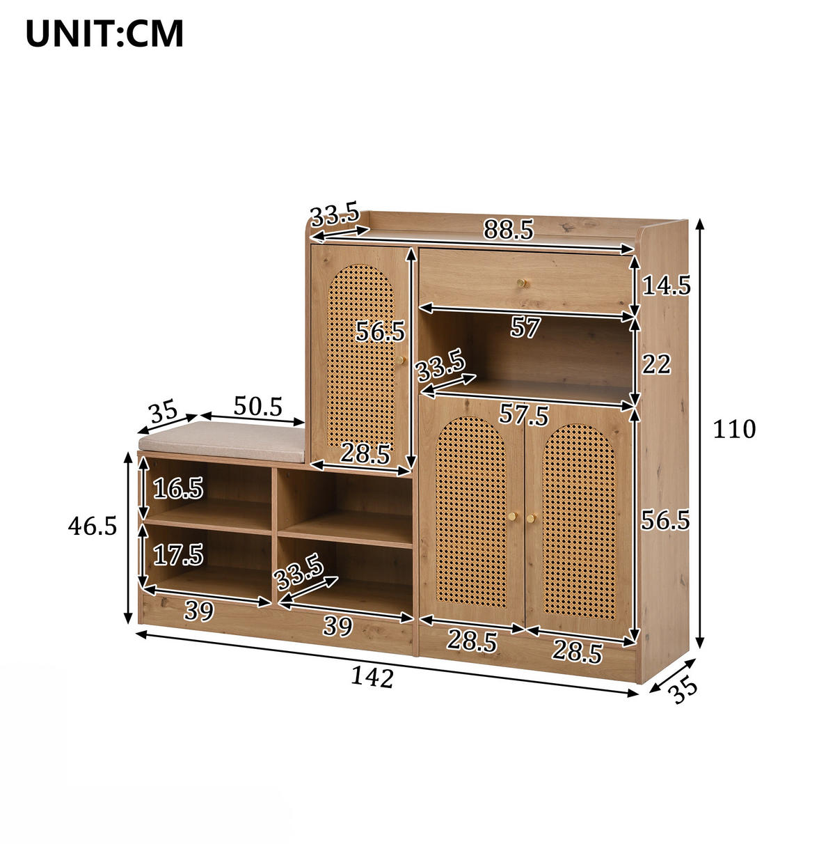 SCHUHSCHRANK 142/35/110 cm mit gepolsterter Sitzbank, Schublade und 3 Rattantüren aus Spanplatte, Natural - Naturfarben, Holzwerkstoff (142/110/35cm) - Redom