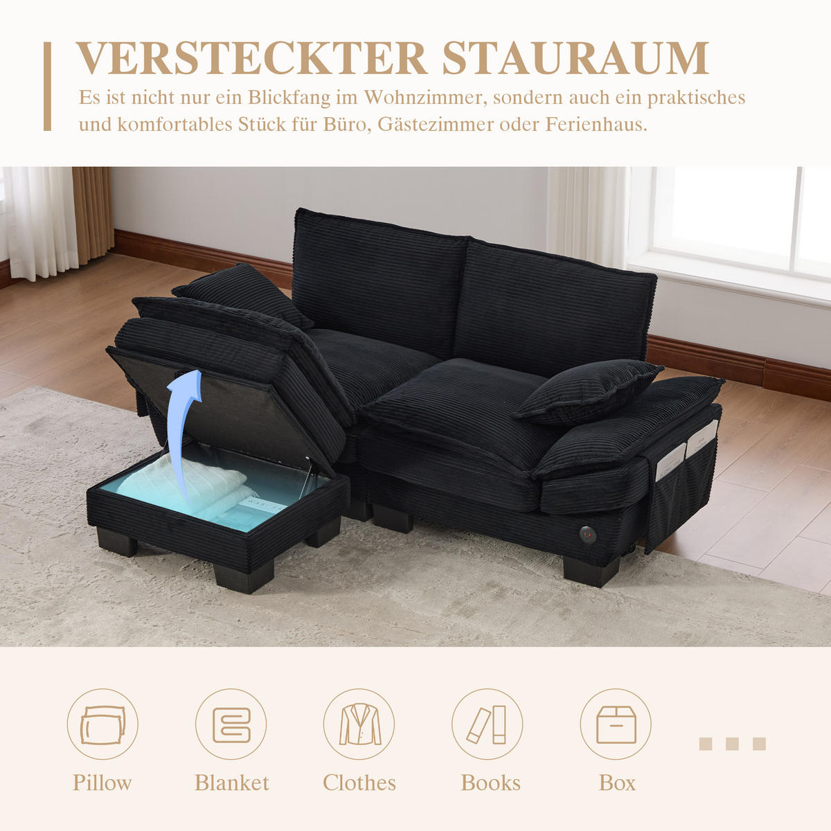 2-SITZER SOFA Cord Schwarz mit Hocker, USB-C und Seitentaschen - Schwarz, Holzwerkstoff/Kunststoff (190/132cm) - WISHDOR
