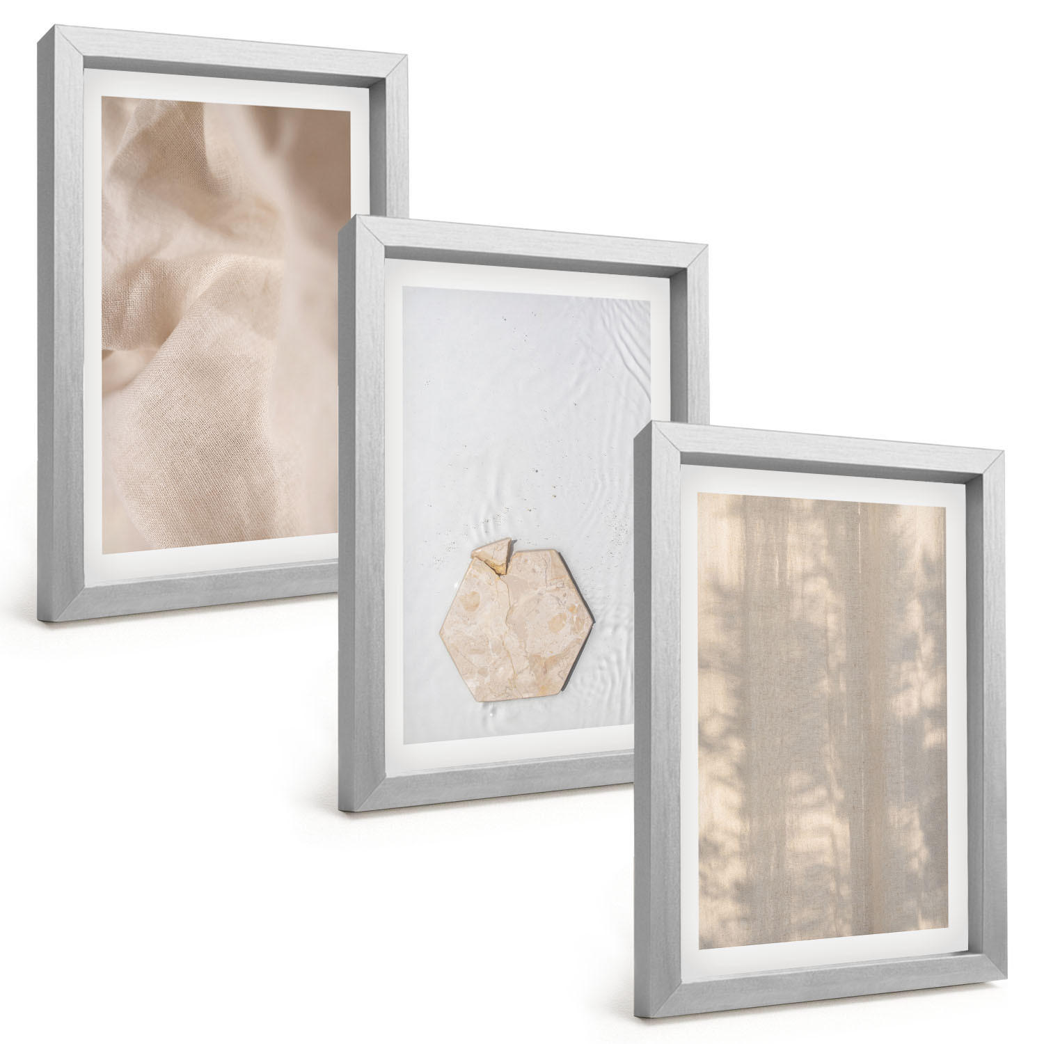 BILDER SET 3er Set - 20x30 cm Silberner Rahmen - Subtile Texturen, Boho-Natur - Silberfarben, Kunststoff (20/30cm) - TULUP
