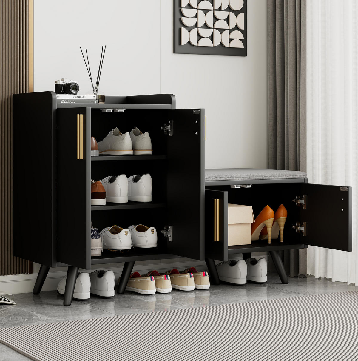 SCHUHSCHRANK 120/34/82 cm in Schwarz/Dunkelwalnuss mit gepolsterter Sitzfläche - Schwarz, Holzwerkstoff (120/82/34cm) - Flora Grace