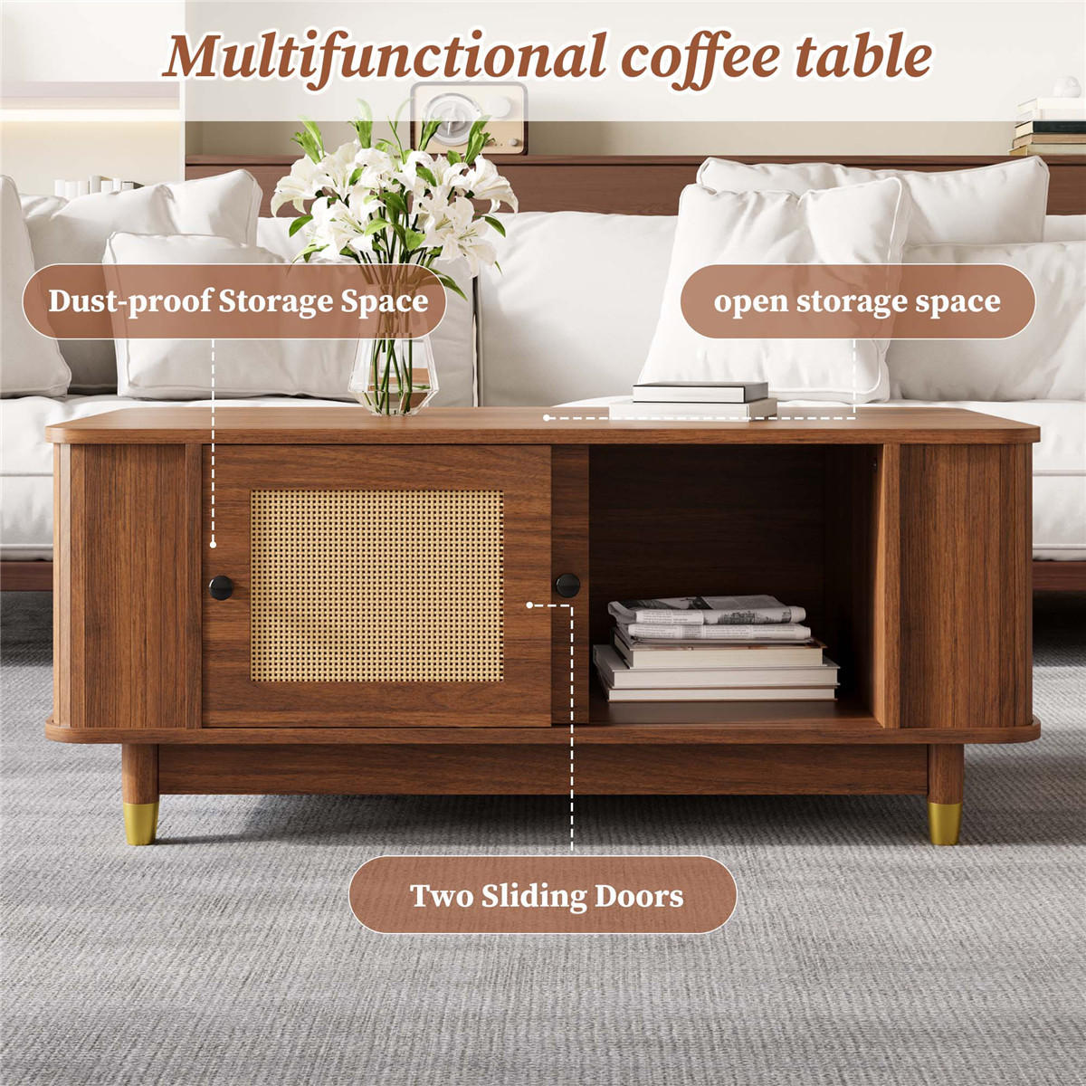 COUCHTISCH Rattan 100/50/42 Schiebetüren MDF Stauraum - Braun, Holz (50/100/42cm) - Bomclap
