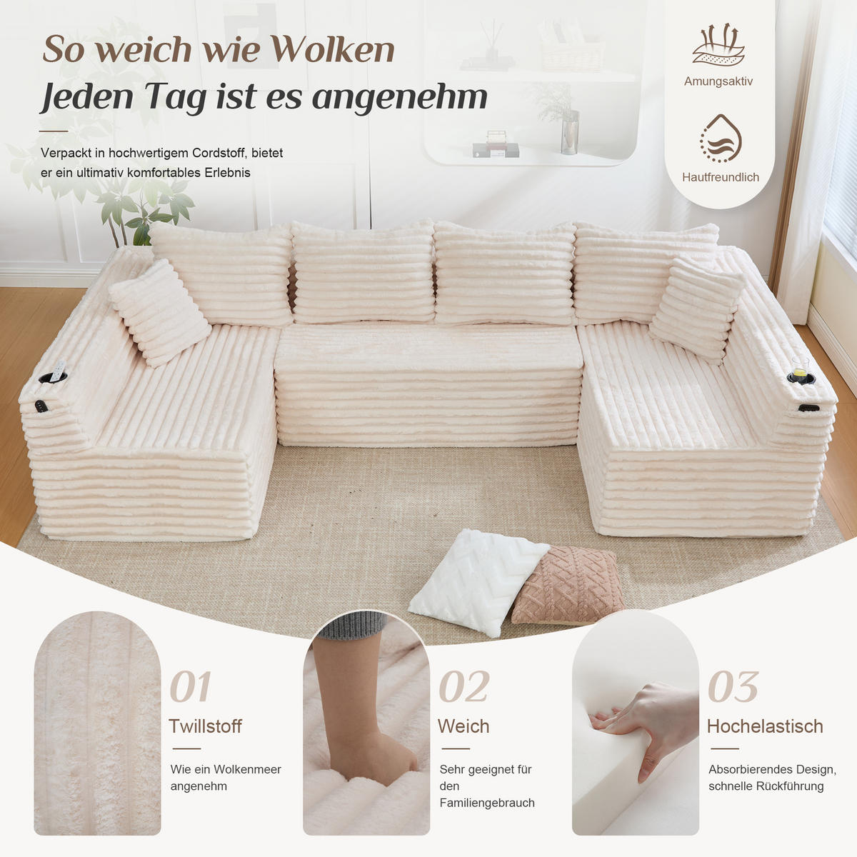 WOHNLANDSCHAFT 320/155/88 cm Beige mit Getränkehalter und Seitentasche - Beige, Textil (320/88/155cm) - Oxeza