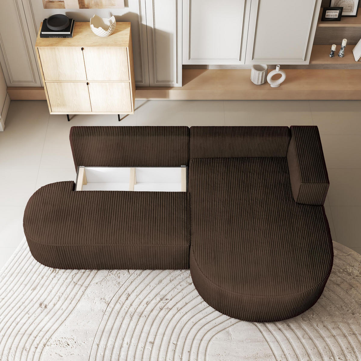 ECKSOFA CORTIO P R-S Braun Kordstoff mit Schlaffunktion - Braun, Holz (265/174cm) - MASSENO