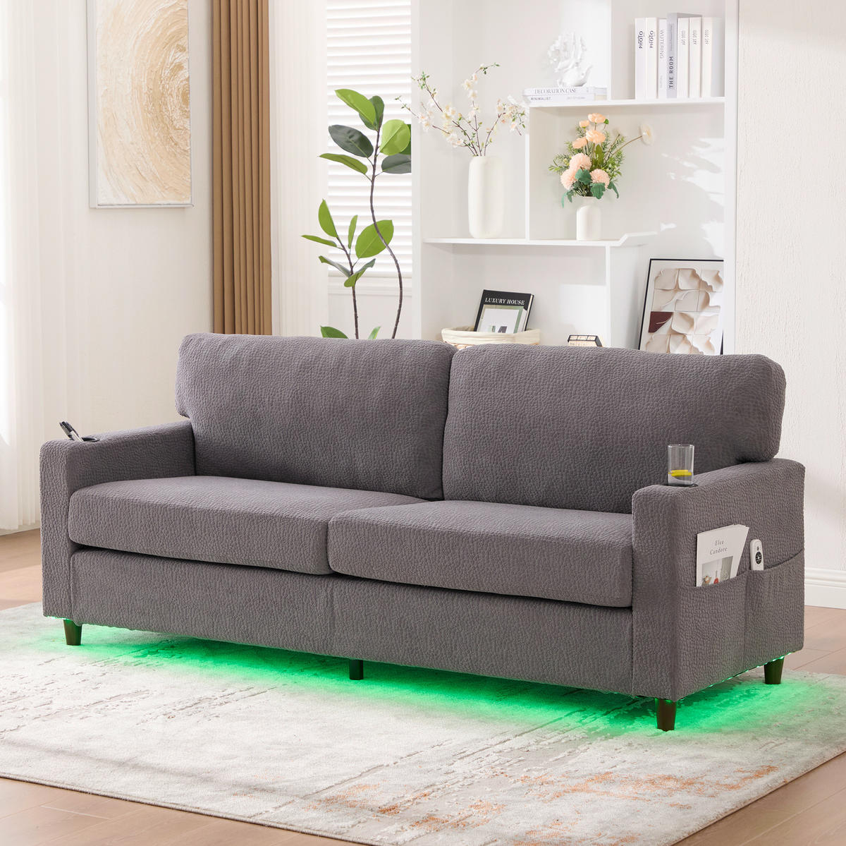 SOFA 2-Sitzer mit USB-C-Anschluss und LED-Ambiente Chenille Hellgrau 203/77,5/86 cm - Hellgrau, Textil (203/86/77.5cm) - OKWISH