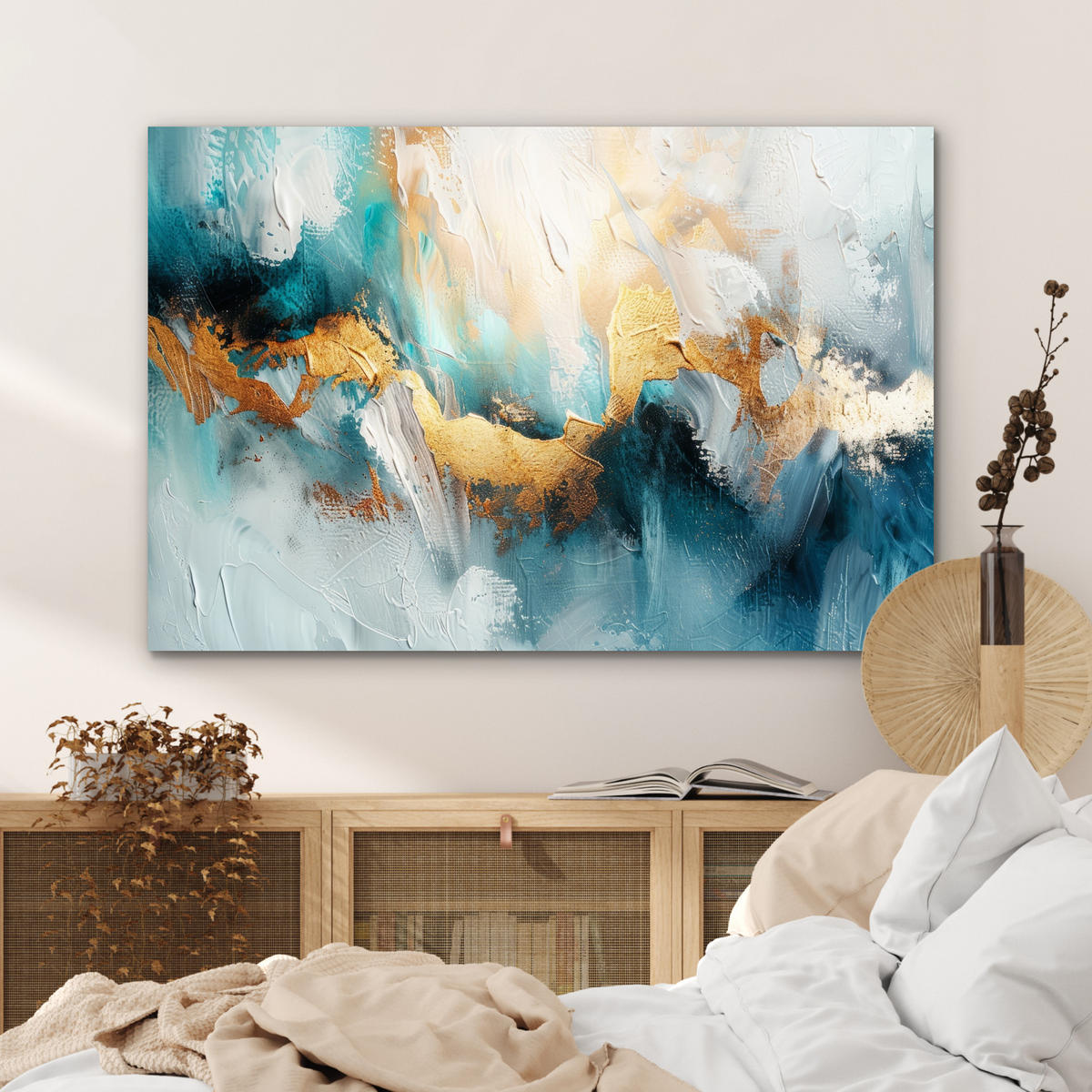 METALLBILD Abstrakt - Kunst - Gold - Blau 120x80 cm - Petrol, Metall (120/80cm) - MuchoWow