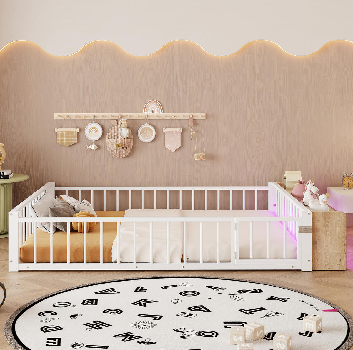 KINDERBETT aus Metall und MDF 140x200 cm Weiß mit Schutzgeländer, offenem Staufach und LED-Beleuchtung - Weiß, Holzwerkstoff (140/200cm) - Modfu