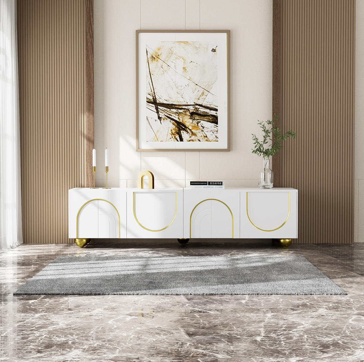 TV-LOWBOARD aus Spanplatte 170x38x44 cm Weiß und Gold mit 4 Türen und Push-to-Open - Weiß, Holzwerkstoff (170/44/38cm) - IVMEU