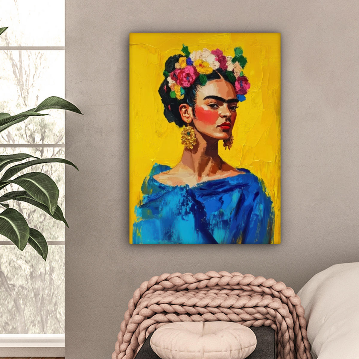 LEINWANDBILD Frida Kahlo - Frau - Gelb - Blau - Blumen 60x80 cm - Gelb, Textil (60/80cm) - MuchoWow