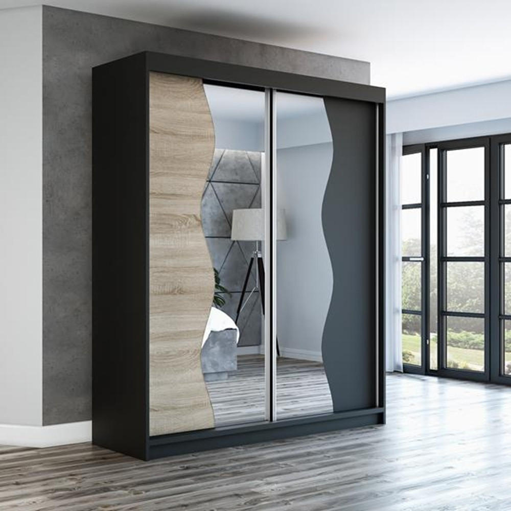 SCHWEBETÜRENSCHRANK 180 CM RIMA Farbe: Schwarz / sonoma / schwarz - Schwarz/Braun, Holzwerkstoff (180/215/59.5cm) - A&J MöbelLand