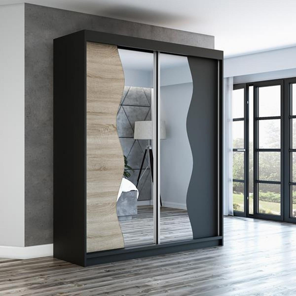 SCHWEBETÜRENSCHRANK 120 CM RIMA Farbe: Schwarz / sonoma / schwarz - Schwarz/Braun, Holzwerkstoff (120/215/59.5cm) - A&J MöbelLand