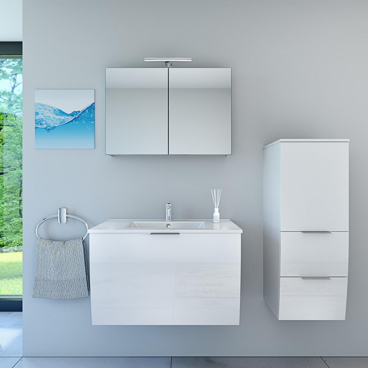 BADMÖBEL Set Gently 1 V2 R Weiß MDF Waschtisch 80cm - Weiß, Glas/Kunststoff (46/52/80cm) - AcquaVapore by Sandra Jentho