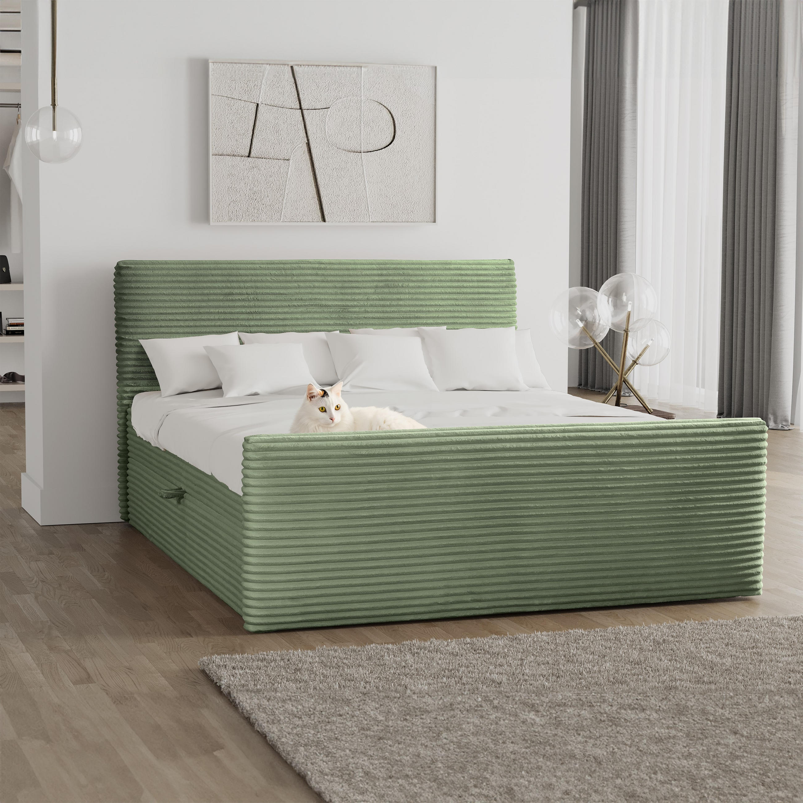 BOXBETT Mit Bettkasten Und Topper TRENTO Stoff Plüsch Cord 160x200 cm Olive H2-Pocket - Olivgrün, Holz/Textil (160/200cm) - Kaiser Möbel
