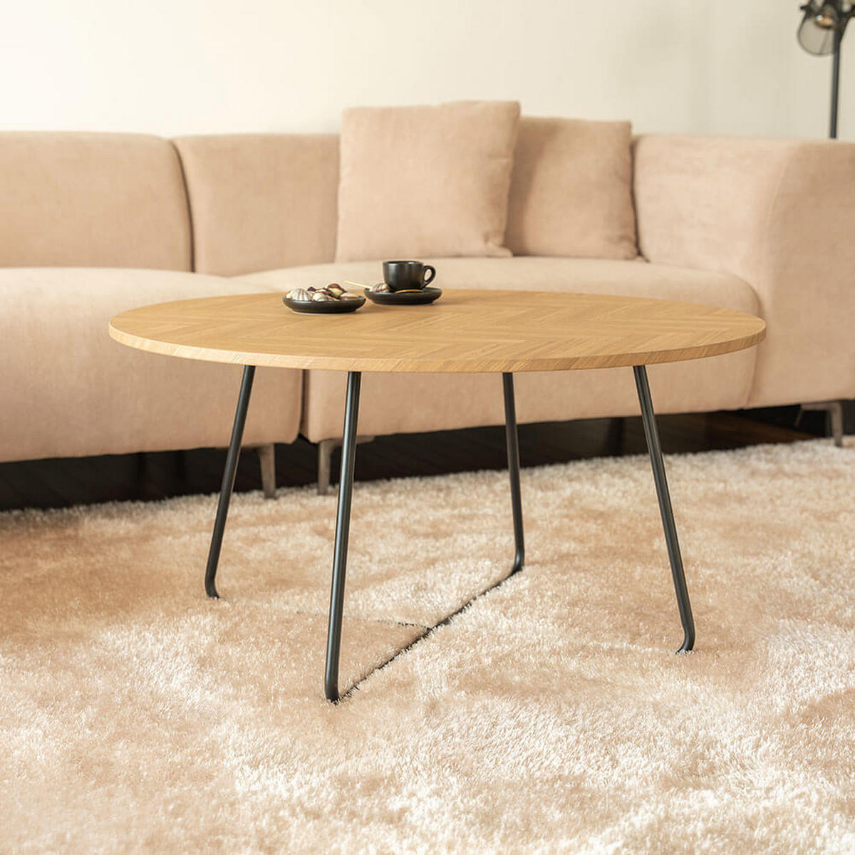 COUCHTISCH Rund NOVARA - 88 x 47 cm Fishbone Oak - Braun, Holz (110/66/47cm) - Home Deluxe