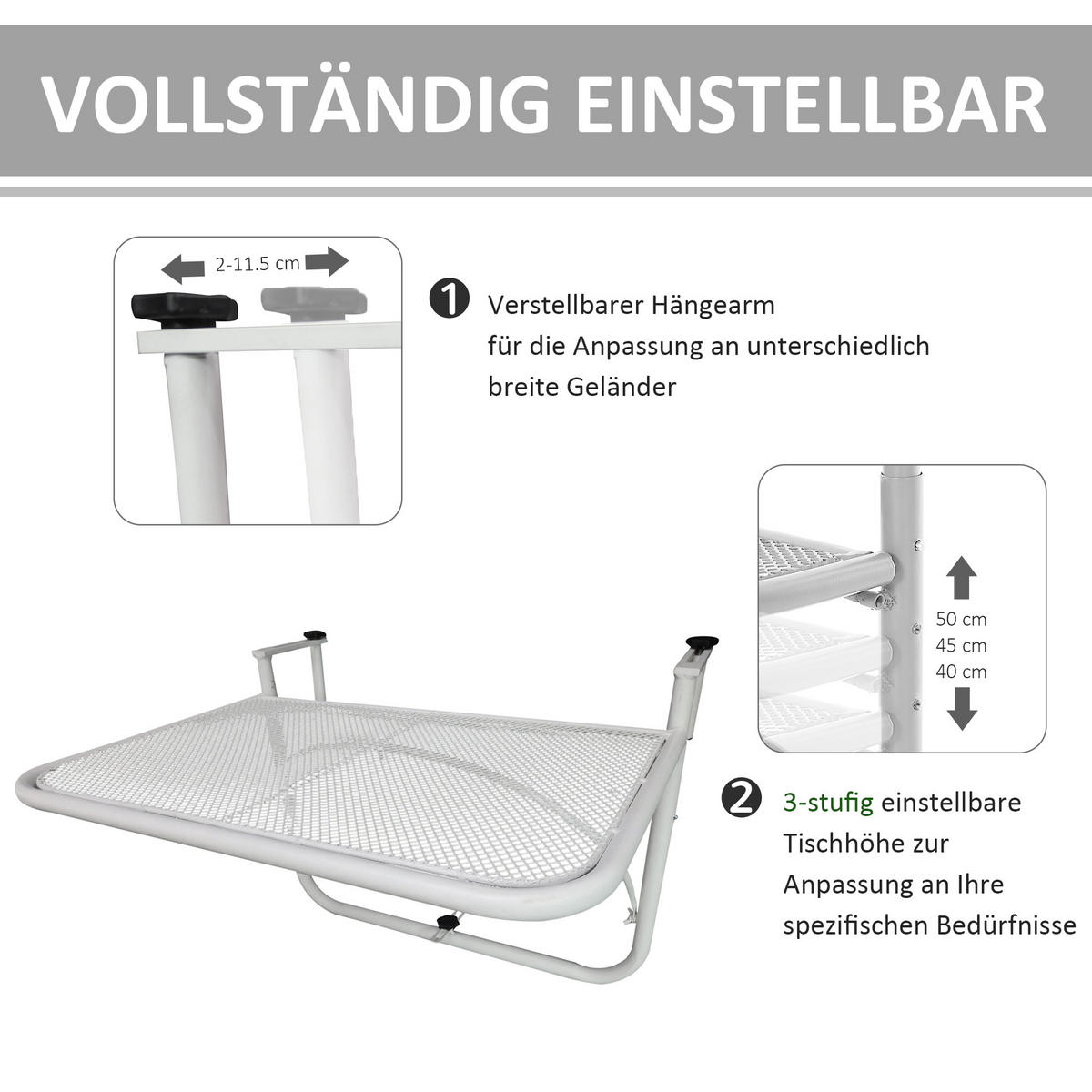 BALKONHÄNGETISCH Gartentisch höhenverstellbar rechteckig Terrasse Beistelltisch - Weiß, Metall (60/56/50cm) - Outsunny