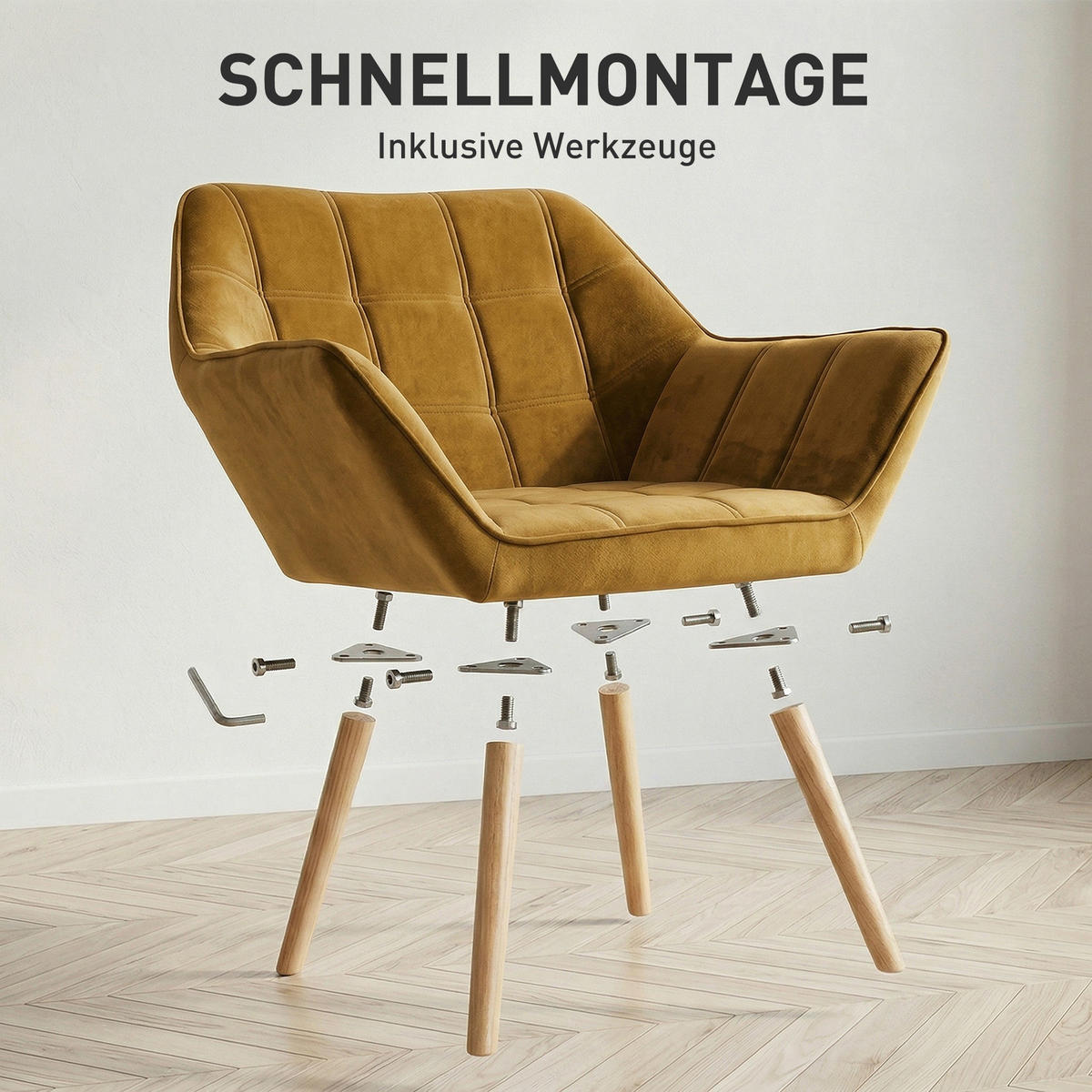 POLSTERSESSEL, Skandi Design, bis 120 kg, Kautschukholzbeine - Gelb, Textil (61.5/71/67cm) - HOMCOM