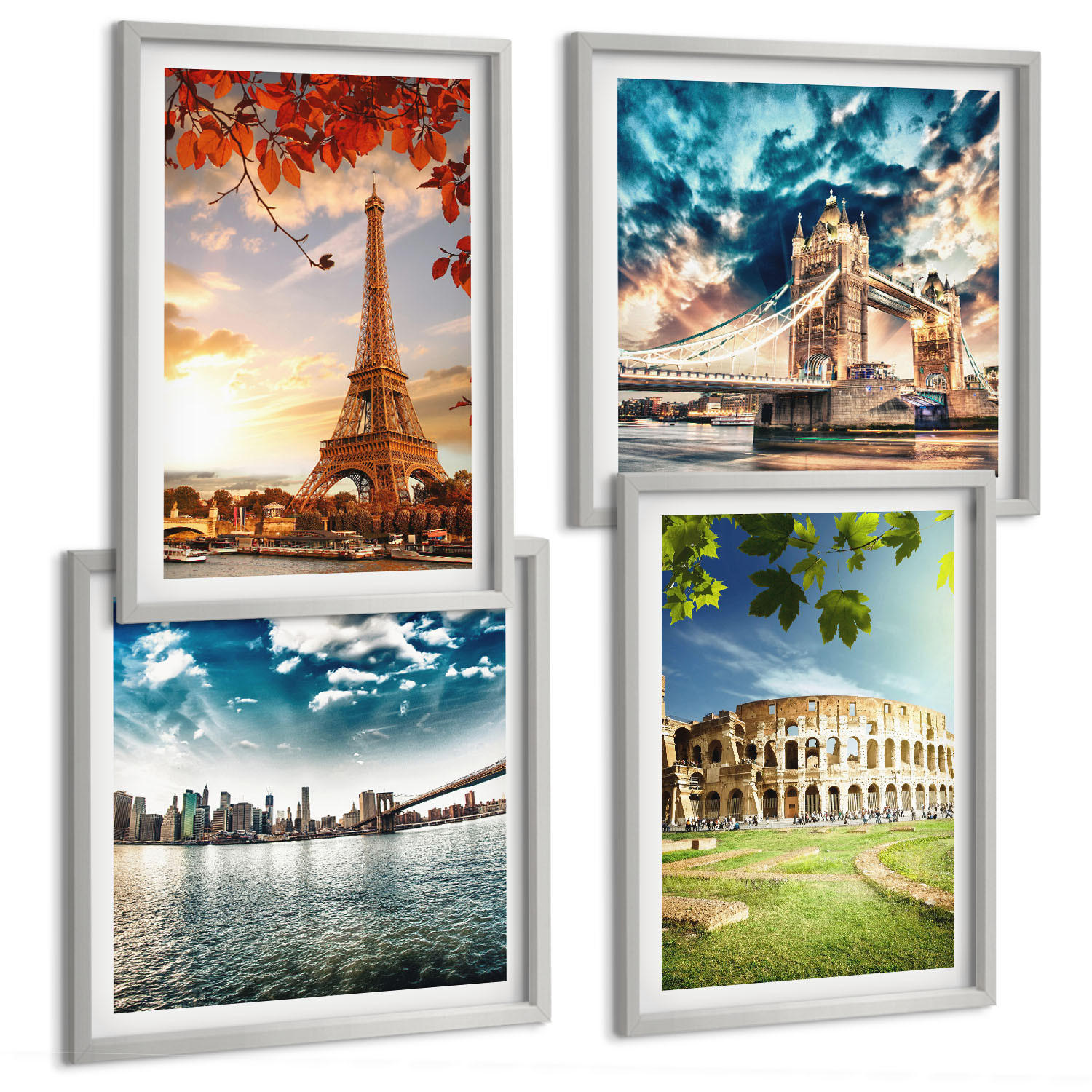 BILDER SET 4er Set - 50x50 cm & 40x60 cm Silberner Rahmen - Denkmäler Europas in warmen Farben - Silberfarben, Kunststoff (50/50cm) - TULUP