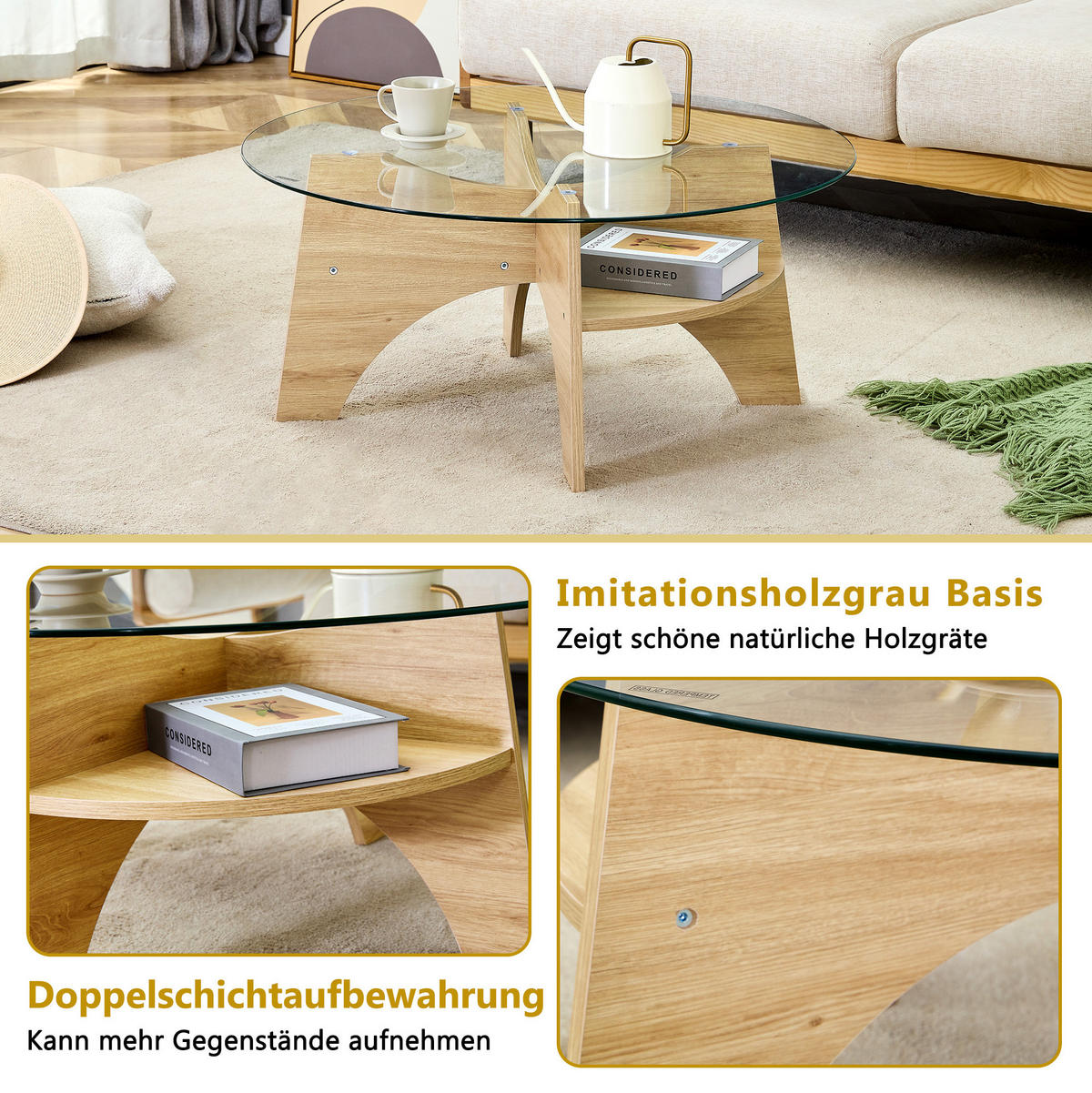 COUCHTISCH aus Glas und MDF Ø80x36 cm in Naturholz - Naturfarben, Glas (80/80/36cm) - Modfu