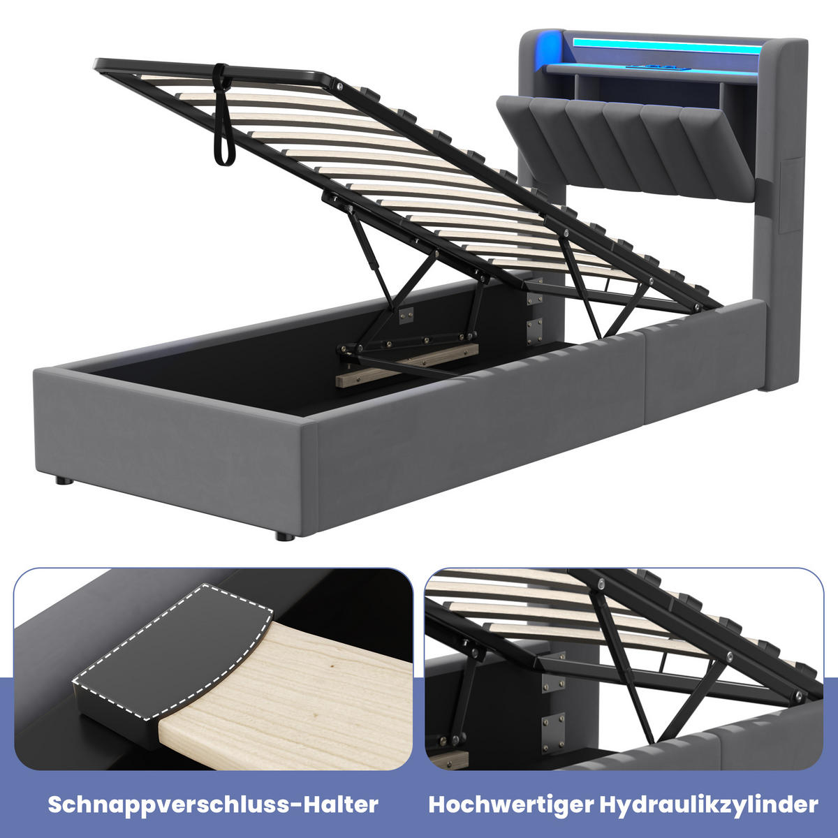 POLSTERBETT 90/200 cm Grau mit LED-Lichtleiste und USB-Anschlüssen - Grau, Holzwerkstoff (90/200cm) - OKWISH