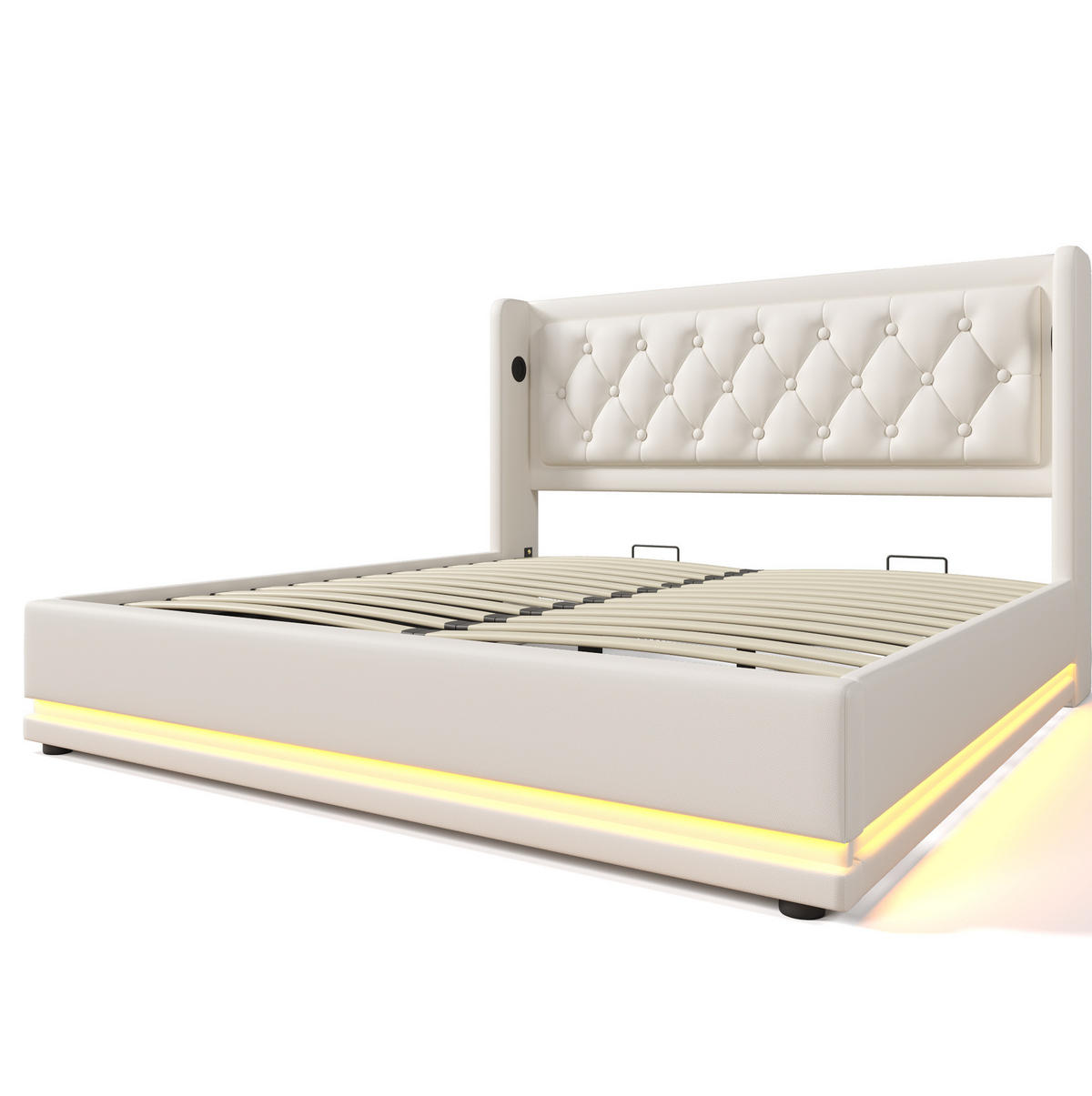 POLSTERBETT 160/200 cm Weiß mit USB-Anschluss und 3-seitiger LED-Beleuchtung mit Matratze - Weiß, Kunststoff (160/200cm) - OKWISH