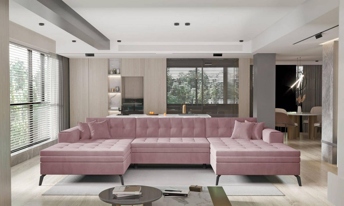 WOHNLANDSCHAFT mit Schlaffunktion, luxus Nube-Stoff - Schwarz/Rosa, Textil/Metall (350/93/170cm) - Eltap
