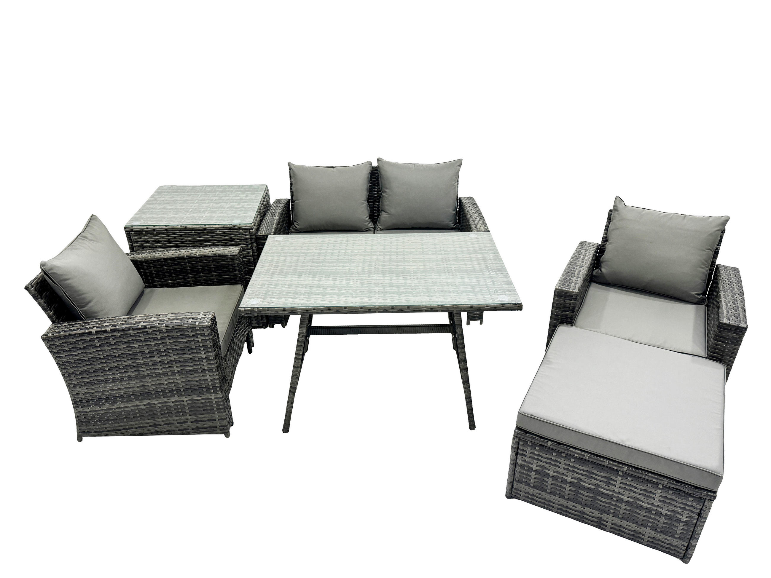 GARTENMÖBELSET mit ESSTISCH,HOCHLEHNER-SOFA Polyrattan Dunkelgrauer Mix 5-Sitzer - Dunkelgrau/Grau, Glas/Kunststoff - Fimous