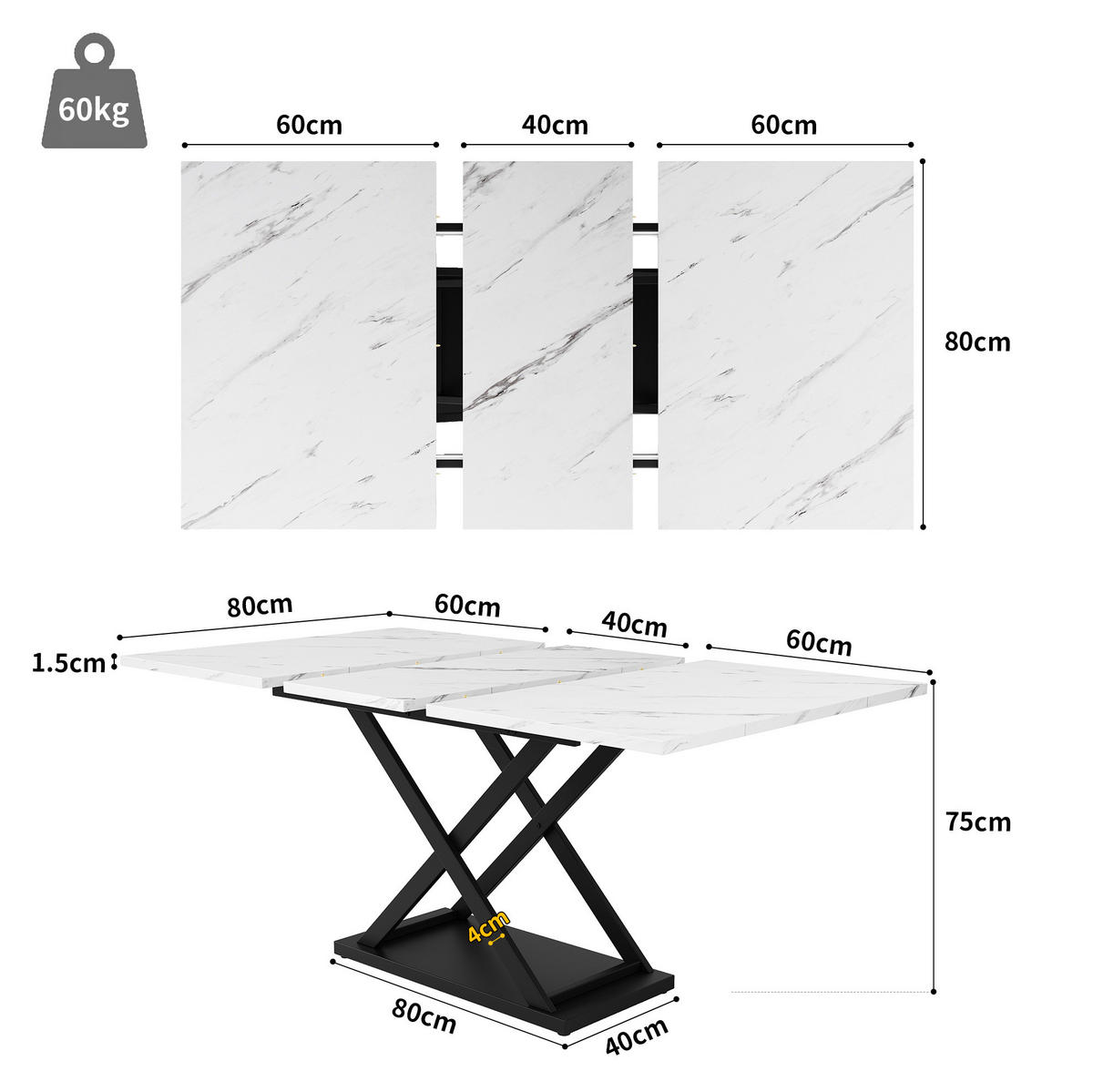 ESSTISCH aus MDF und Metall 120-160x80x75 cm Weiß/Schwarz ausziehbar mit Kreuzgestell und Marmor-Optik - Weiß, Holzwerkstoff (160/80/75cm) - Modfu
