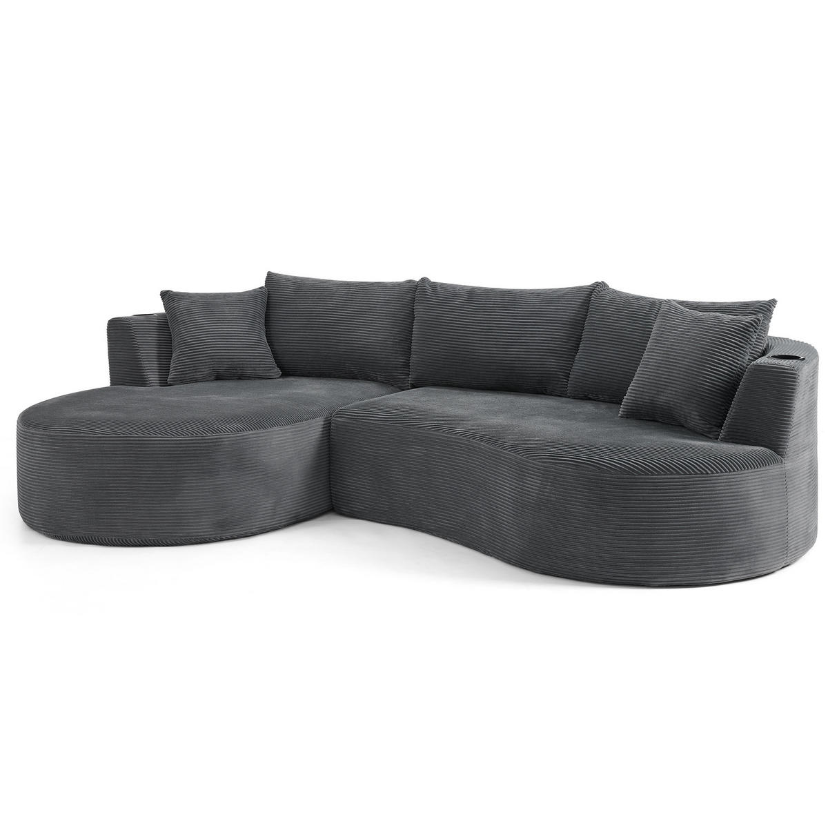SOFA 3-Sitzer bogenförmig Kordstoff Grau mit Getränkehaltern - Grau, Textil (168/264cm) - Meubliv