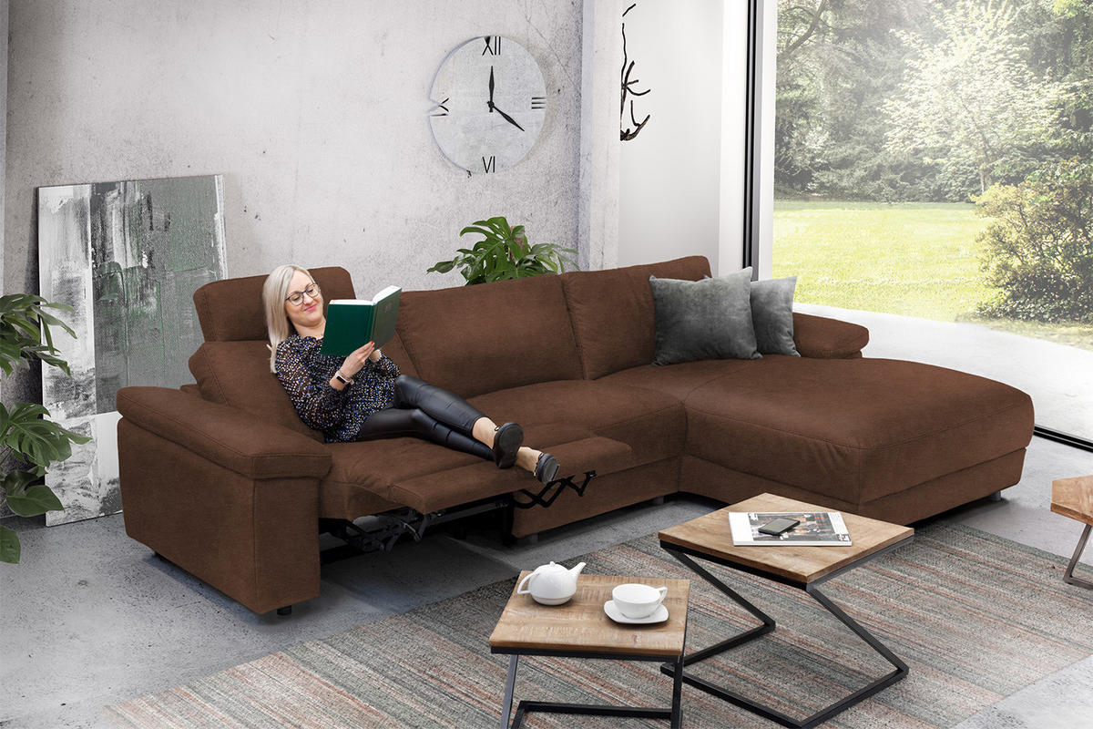 ECKSOFA XL MOTOR. RELAXFUNKTION LOLA Braun Leder - Dunkelbraun/Schwarz, Leder (304/178cm) - KAWOLA