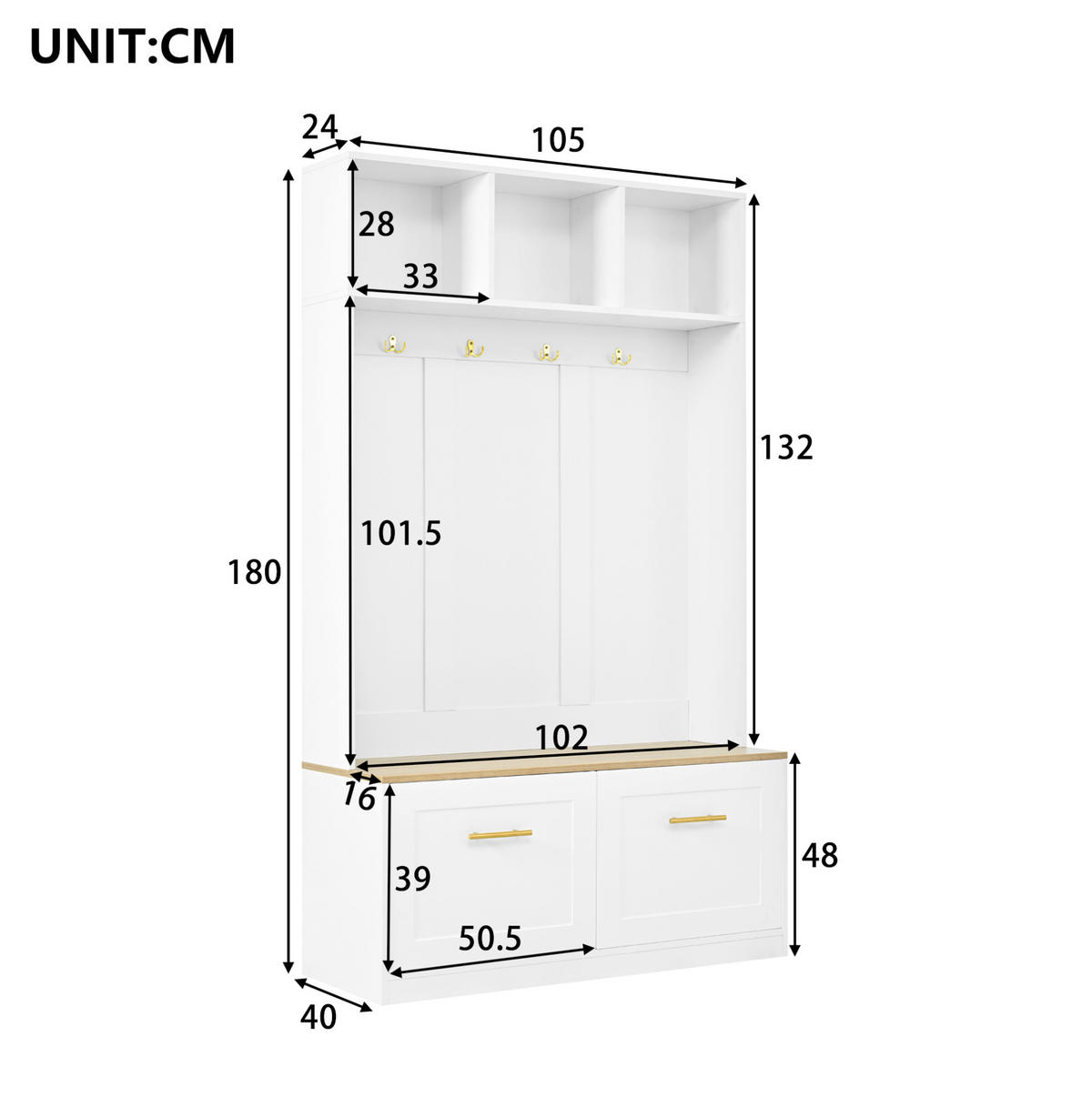 DIELENGARDEROBE mit 4 Haken und Sitzbank, 105/40/180 cm, Natur/Weiß - Naturfarben, Holzwerkstoff (105/180/40cm) - BEAOK