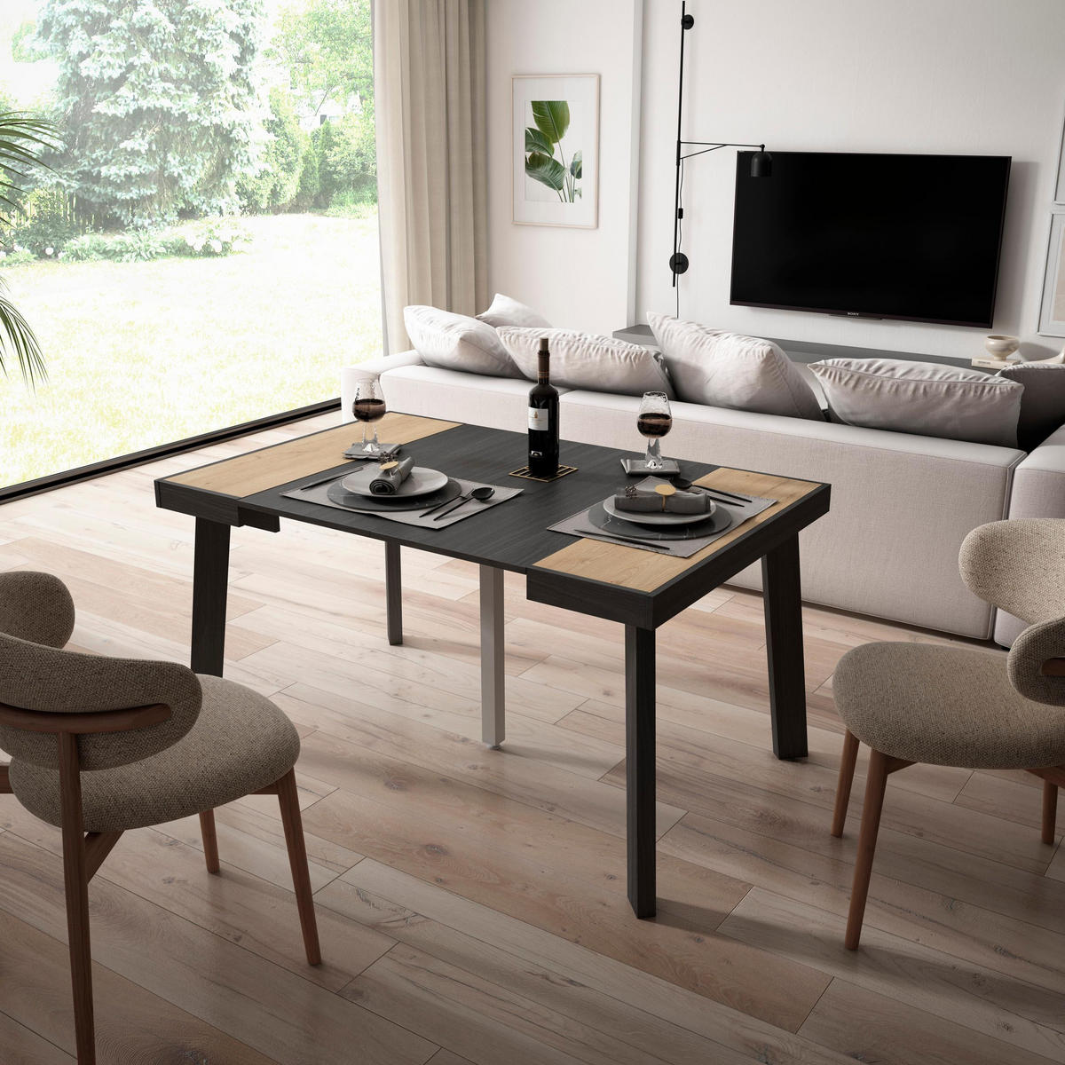 KONSOLENTISCH ausziehbar 58 bis 140cm, für 6 Gäste, eiche, schwarz, 90/58/73cm - Eichefarben/Schwarz, Holzwerkstoff (90/140/73cm) - Skraut Home