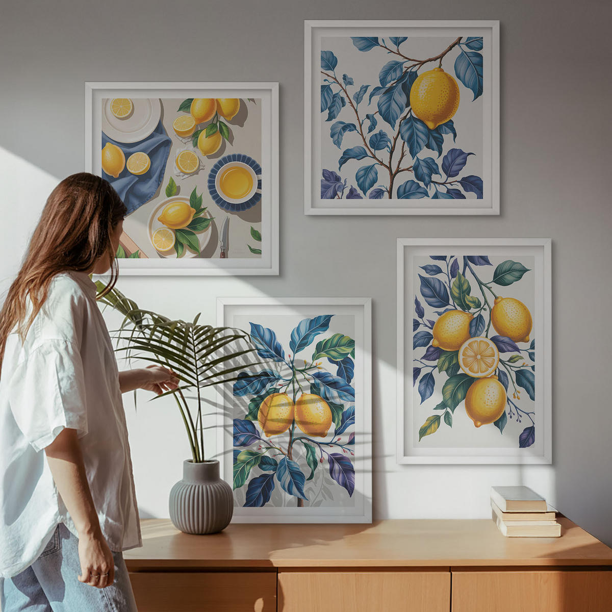 BILDER SET 4er Set - 50x50 cm & 40x60 cm Weißer Rahmen - Zitronenzweige mit blauen Blättern - Weiß, Kunststoff (50/50cm) - TULUP