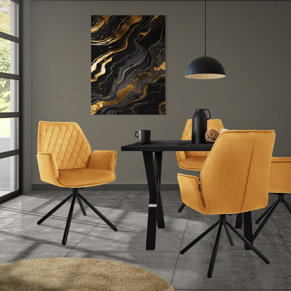 ESSZIMMERSTUHL 6er Set drehbar Senfgelb Samt - Gelb/Schwarz, Metall (63/90/57cm) - ML-DESIGN